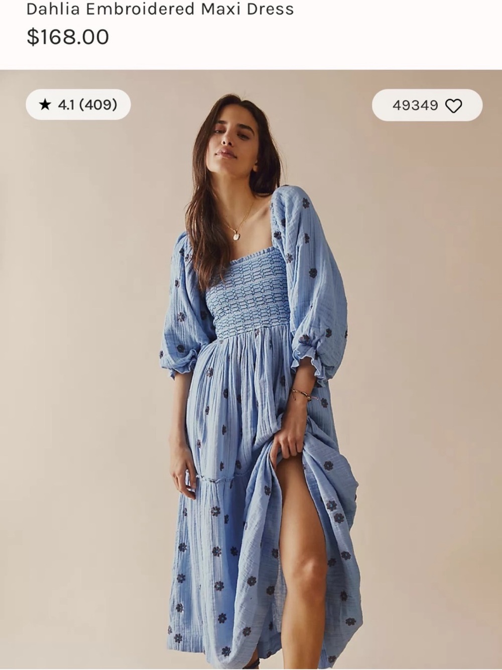 FREE PEOPLE Dalia Blue Embroidered Maxi Dress with Puff Sleeves
